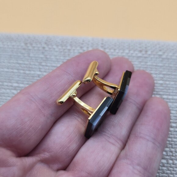 Black And Gold Checkered Shell And Onyx Cuff Links A5986 - Picture 3 of 6